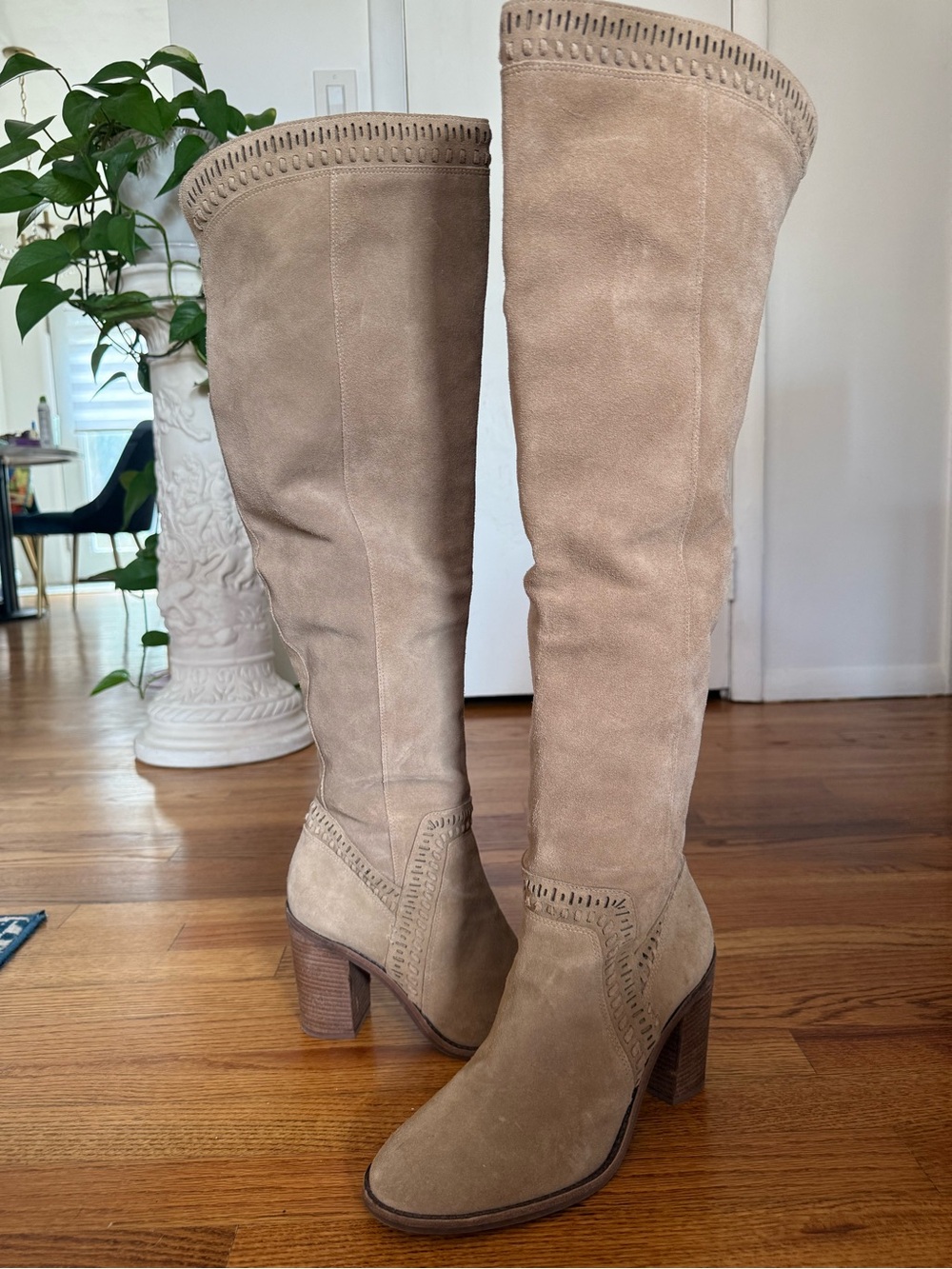 Vince Camuto Madolee Taupe Suede Over-the-Knee Block Heel Boots